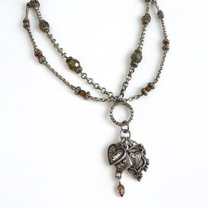 Brighton Double Chain Heart Charm Necklace Beaded Boho Style 20”